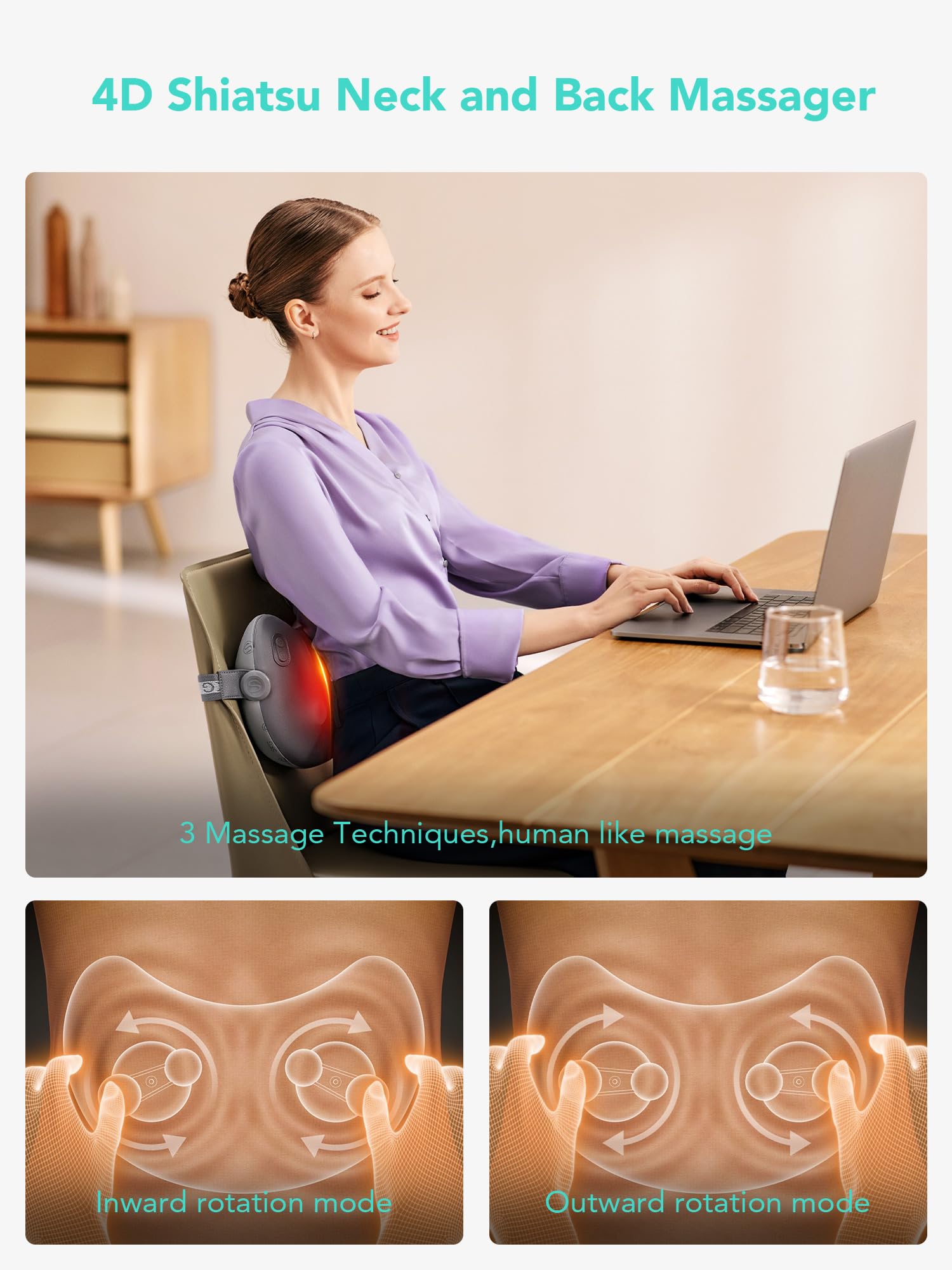 Shiatsu Back Massager with Heat – Cordless 4D Deep Tissue Pillow