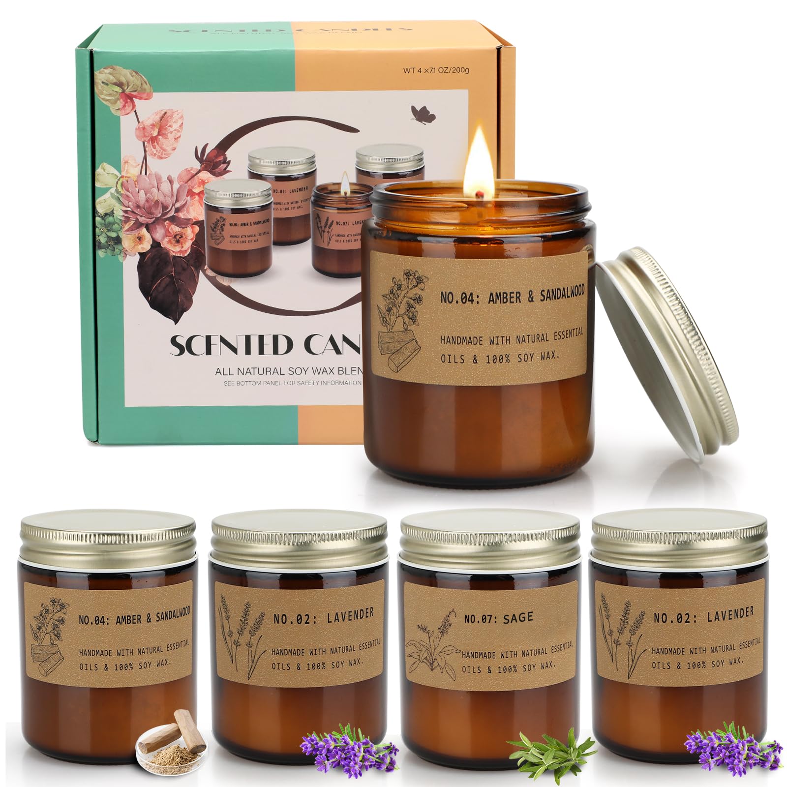 Aromatherapy Candle Gift Set – 4 Scented Amber Jar Candles (7.1 oz)