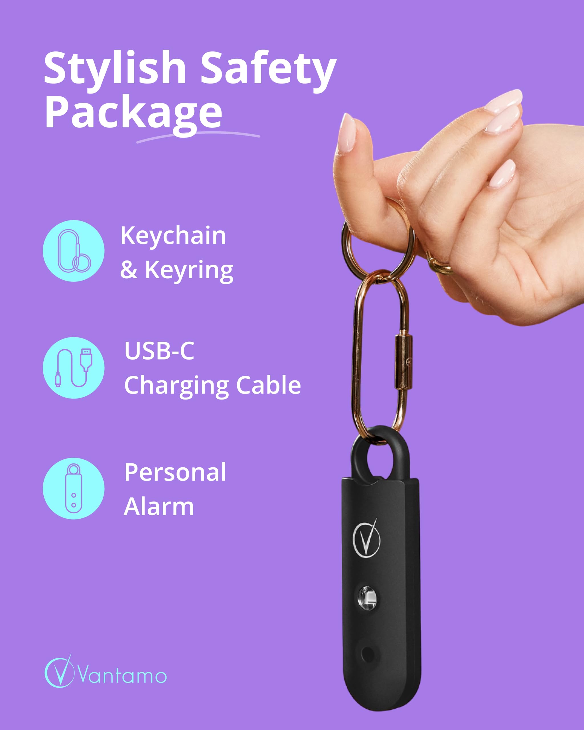 Vantamo Personal Safety Alarm Keychain – 130dB Rechargeable with Strobe Light