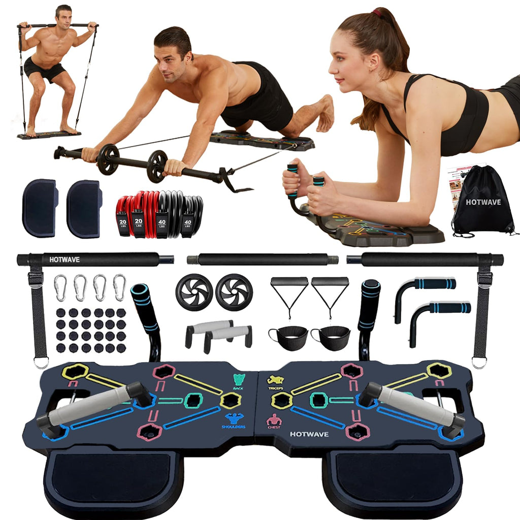 Portable Home Gym with Push Up Board, Resistance Bands & Ab Wheel