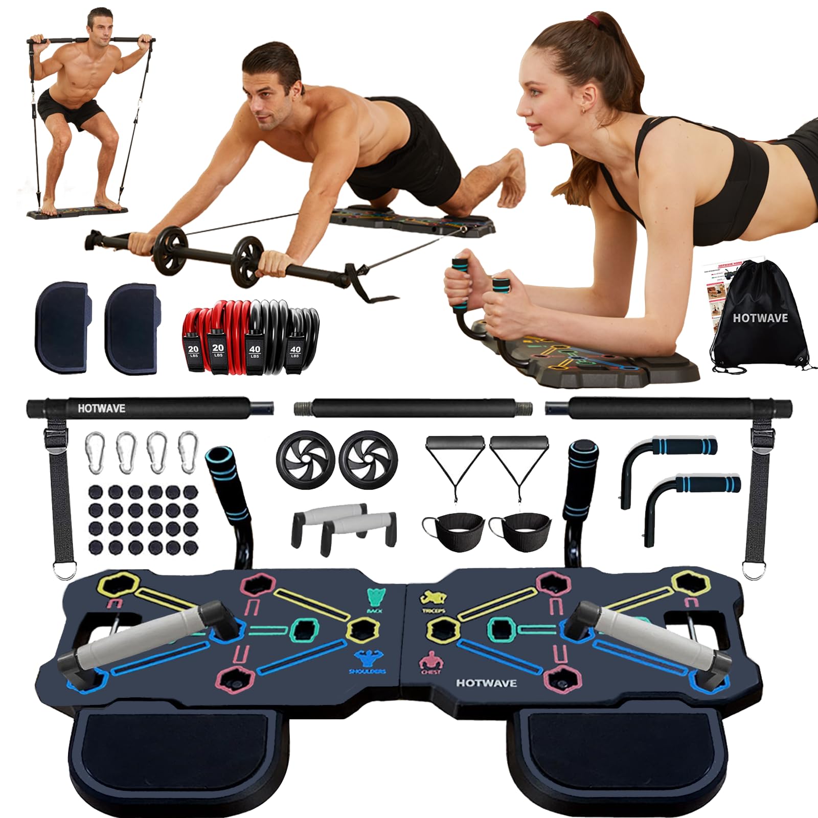 Portable Home Gym with Push Up Board, Resistance Bands & Ab Wheel