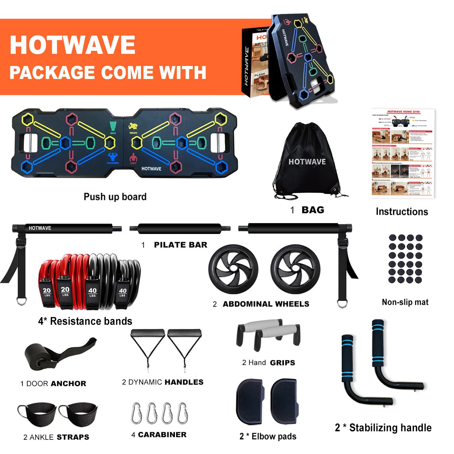 Portable Home Gym with Push Up Board, Resistance Bands & Ab Wheel