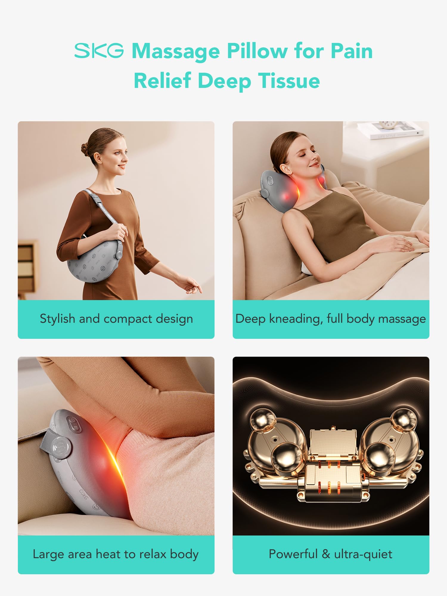 Shiatsu Back Massager with Heat – Cordless 4D Deep Tissue Pillow