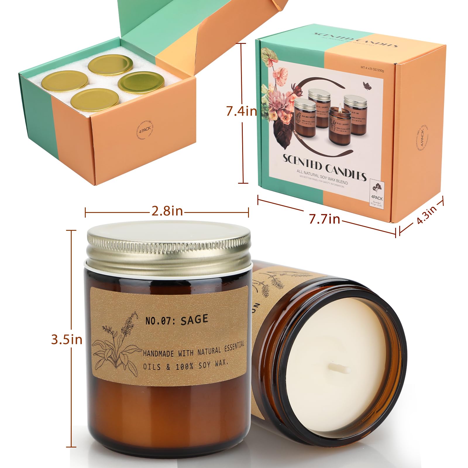 Aromatherapy Candle Gift Set – 4 Scented Amber Jar Candles (7.1 oz)