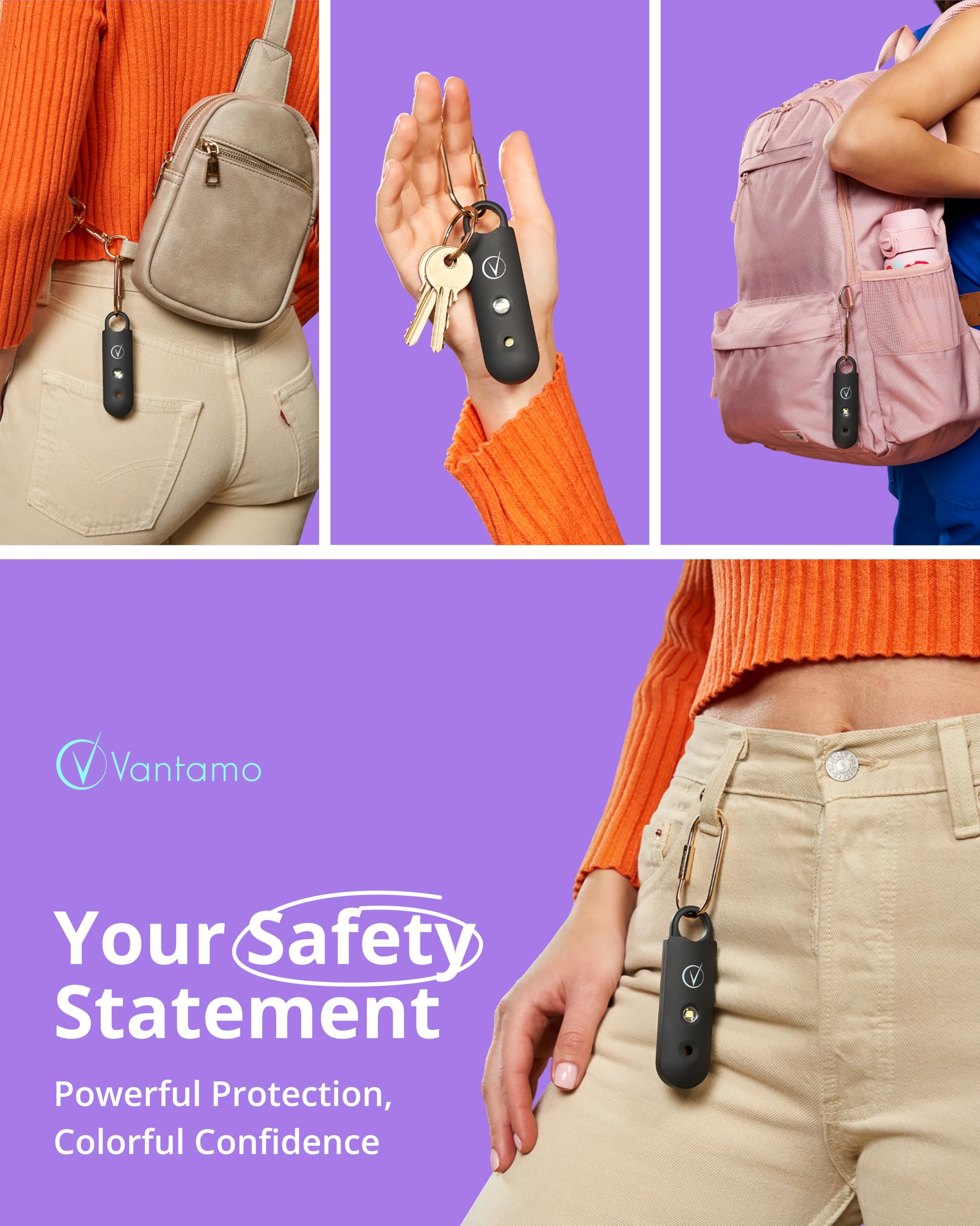 Vantamo Personal Safety Alarm Keychain – 130dB Rechargeable with Strobe Light