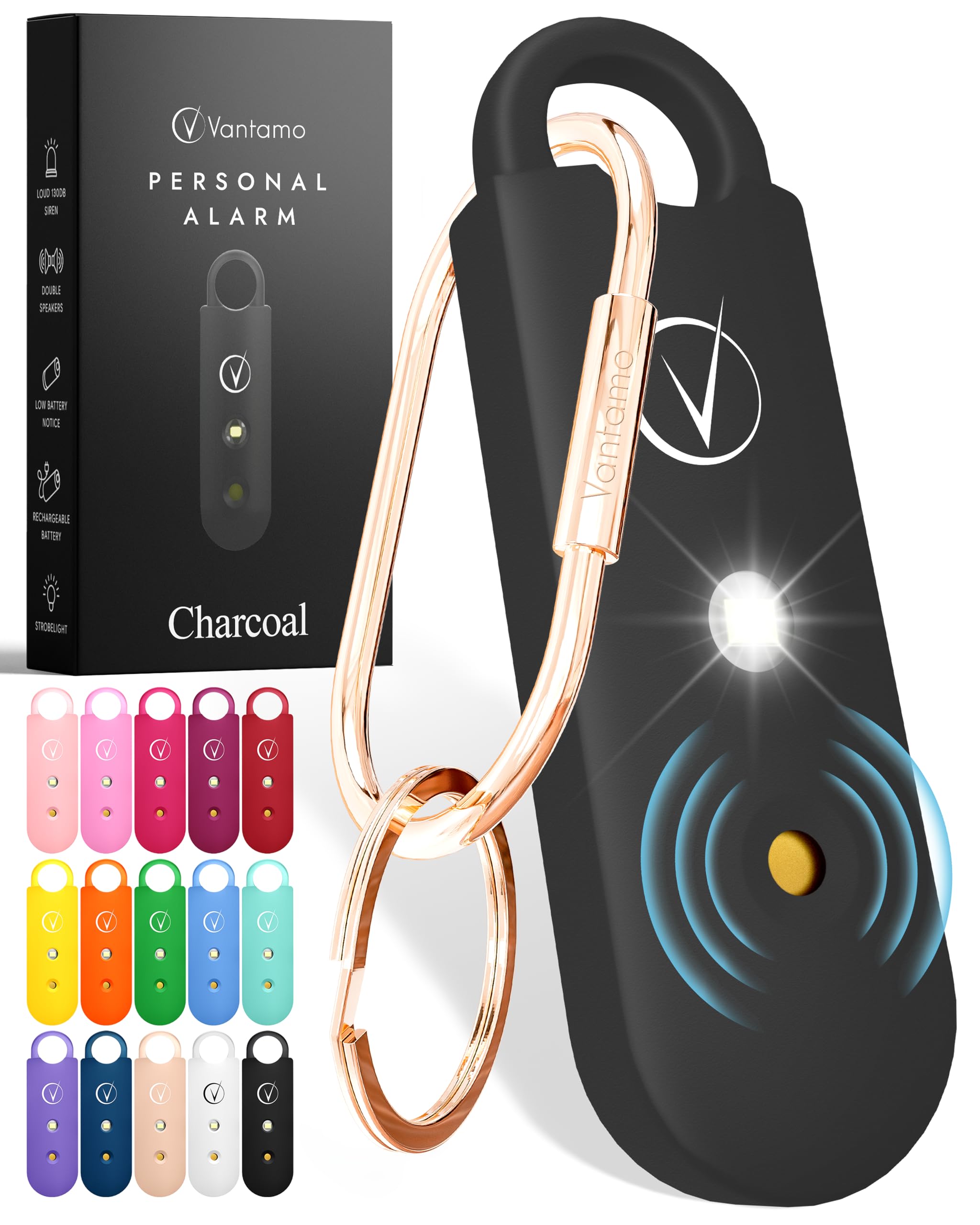 Vantamo Personal Safety Alarm Keychain – 130dB Rechargeable with Strobe Light