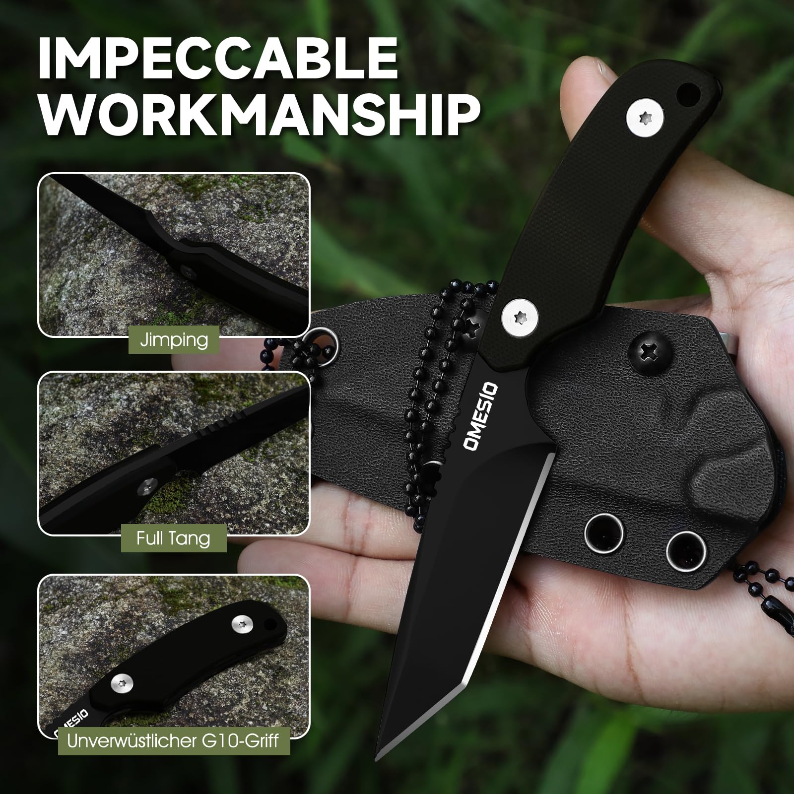 Omesio Neck Knife – 6" Tanto Fixed Blade with Kydex Sheath & G10 Handle